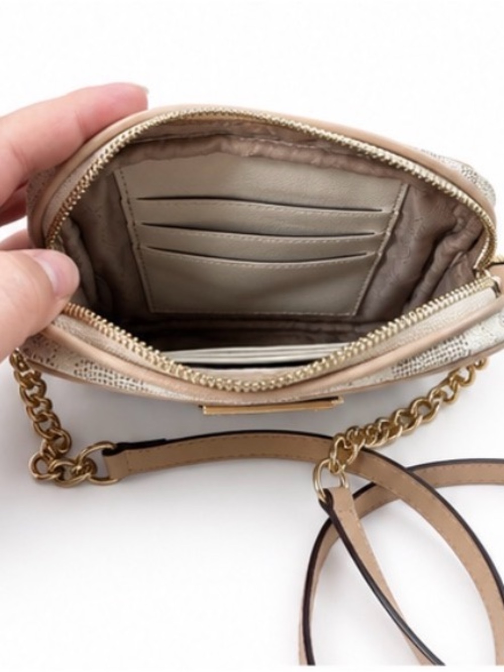 Michael Kors Embossed MK Logo Crossbody in Cream and Tan - Picture 6 of 14